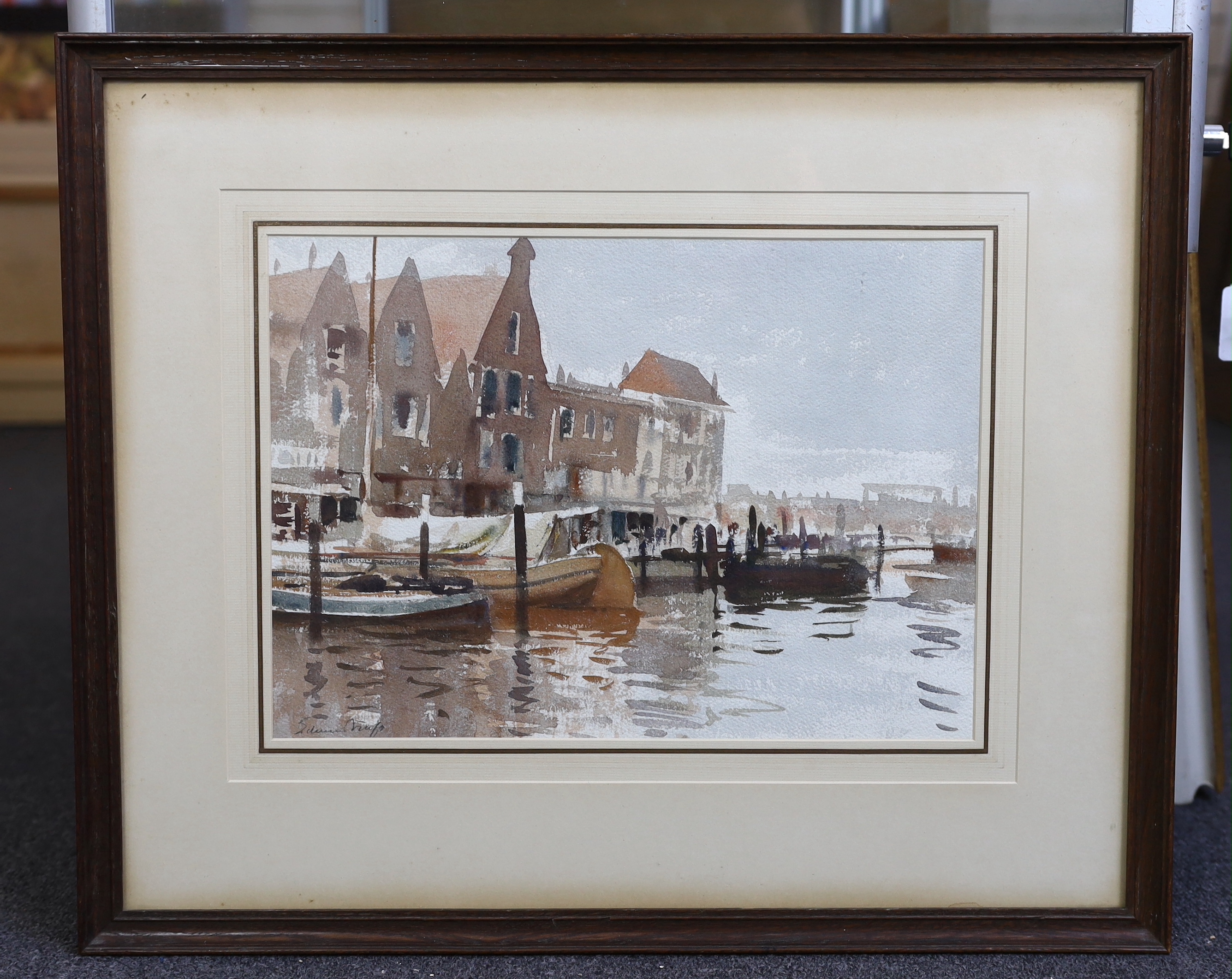 Edward Seago R.B.A., A.R.W.S., R.W.S. (British, 1910-1974), 'The Yacht Basin, Dordrecht', watercolour, 26 x 37.5cm